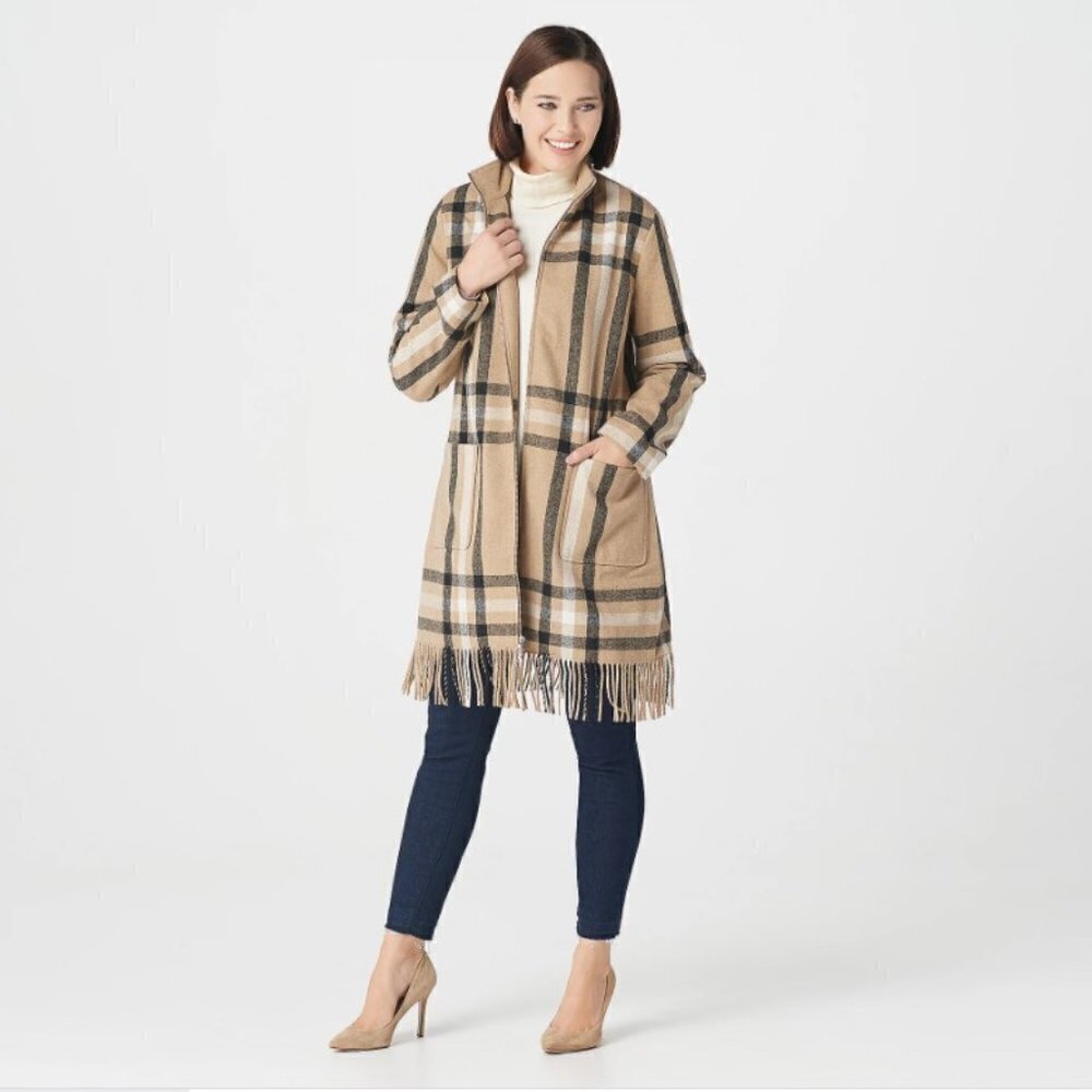 Isaac Mizrahi Live! Plaid Wool Coat with Fringe Trim 4 NEW A372777